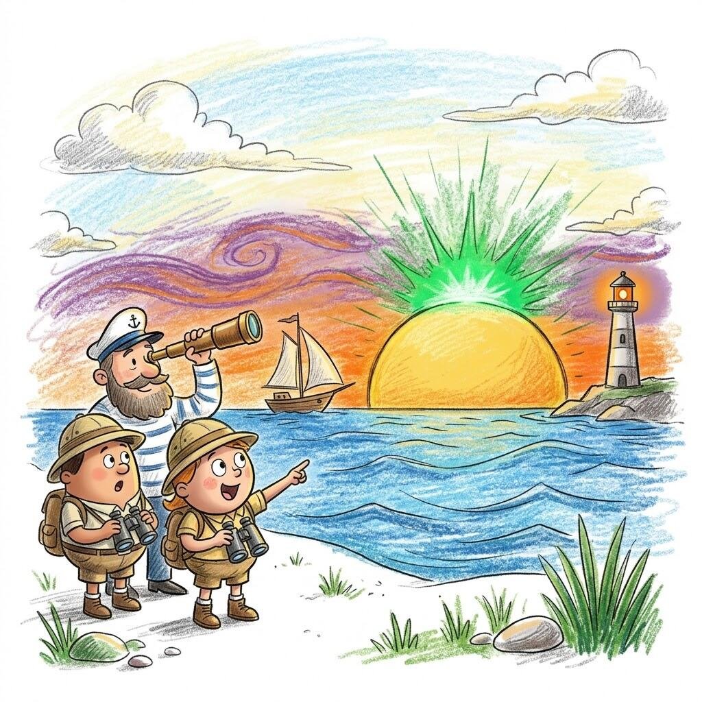 Green Flash: A brief flash of intense green light appearing on the horizon for just a second at the exact moment of sunrise or sunset.